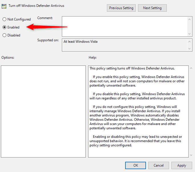 Aktifkan ke Enabled Turn Off Windows Defender Antivirus