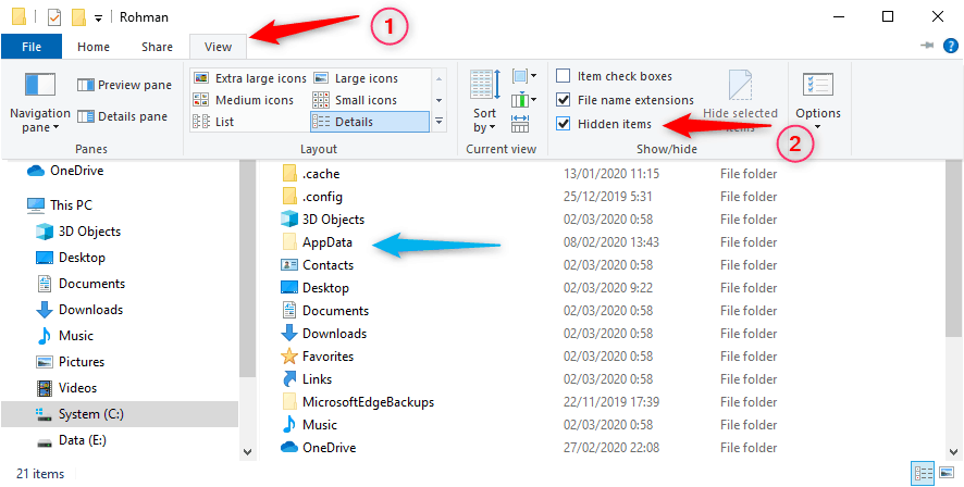 Menampilkan dan memunculkan Folder AppData Windows 10
