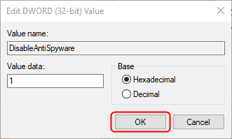 Value 1 DisableAntiSpyware