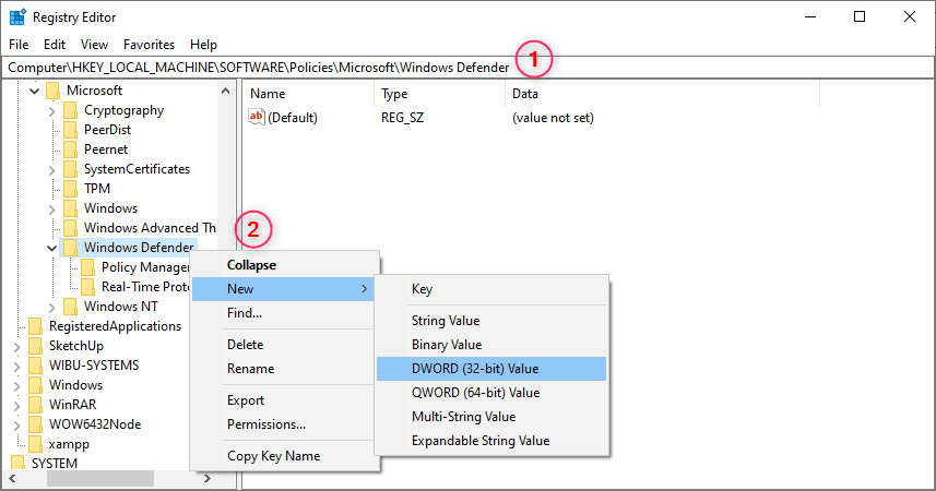 Registry editor and open Windows Defender