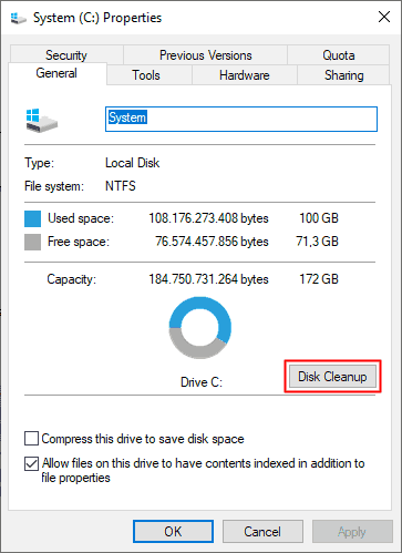 Opening disk cleanup in properties