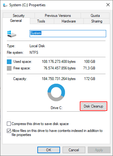 Membuka disk cleanup di properties