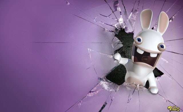 Layar pecah dengan lubang besar, memunculkan karakter kartun Rabbids Invasion.