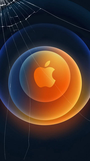 Layar iPhone dengan logo Apple di tengah dan retakan di sisi atas, memberikan tampilan elegan namun rusak.
